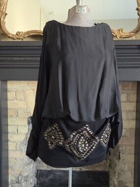 Hale Bob Black Georgette Silk Dress with Metallic Embellishment
